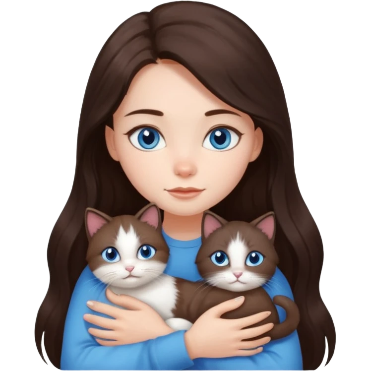 a pretty girl with long dark 
brown hair, with blue eyes, hugs 3 different natural coloured small cats emoji