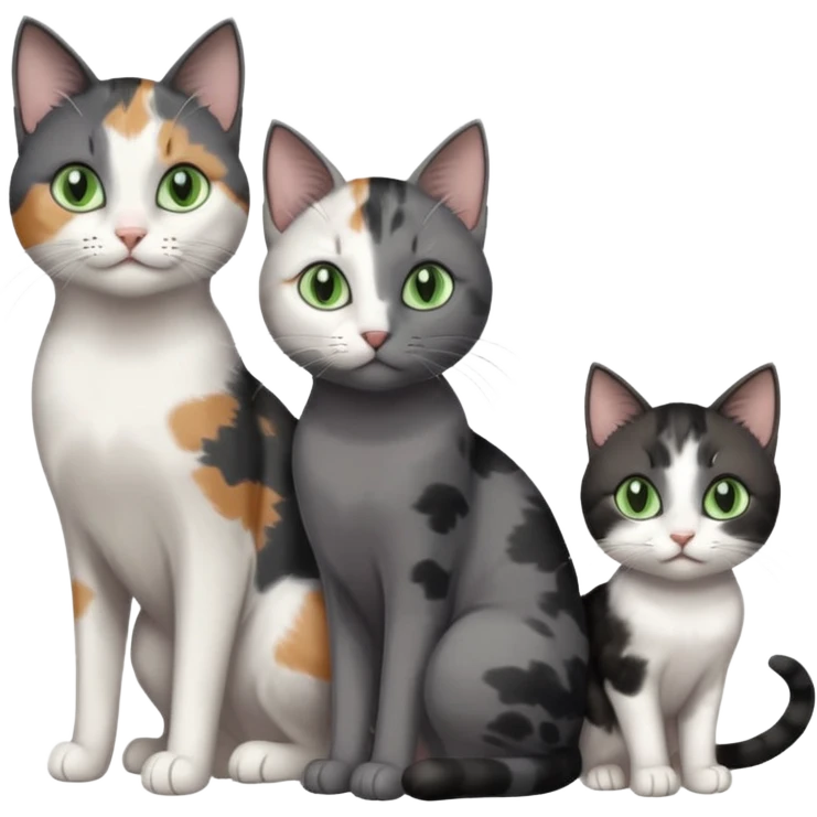 3 different coloured small cats including a dark grey and white, and a patchy calico and a completely solid dark grey with green eyes and only white paws emoji