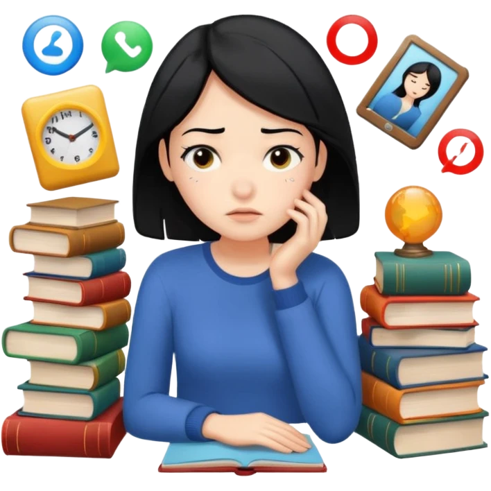 female emoji with black hair, exhausted expression, surrounded by books and activity icons emoji
