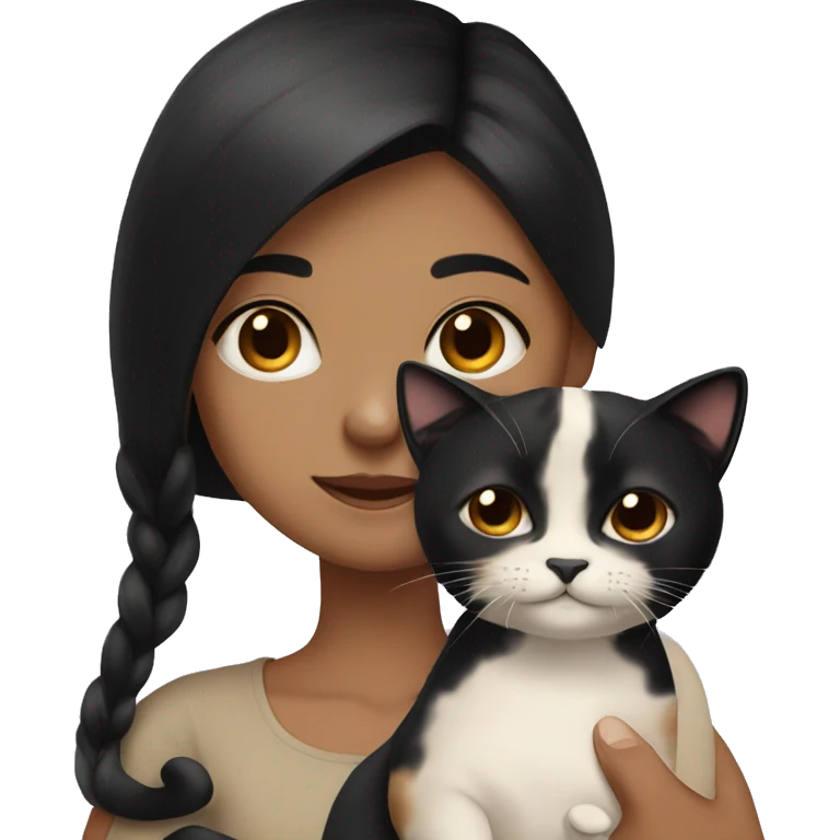 Girl with black hair holding a Siamese and a calico cat. emoji