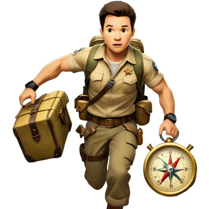 A vintage movie poster-style collage. Include action-packed elements like a treasure map, jungle scenes, a rugged explorer with a compass and a speeding jeep. Add a shadowy figure resembling close-up Mark Wahlberg in adventurous gear. Dramatic lighting, dynamic composition. Transparent background. emoji