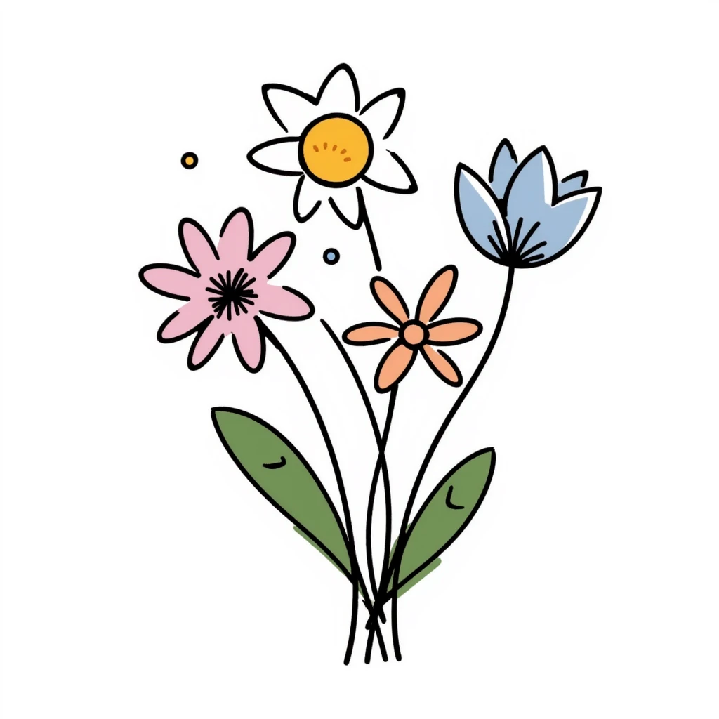 Simple bouquet of spring flowers with different blooms including small daffodils and daisies. Hand-drawn doodle style using pastel colors (pink, light blue, lavender, peach). Cheerful floral arrangement with leaves and stems. Delicate spring bloom design. emoji