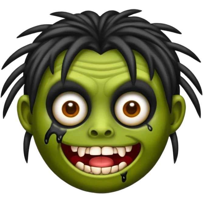 Emoji de uma garota zumbi com os cabelos longos, lisos e pretos. Ela usa uma franja curta. emoji