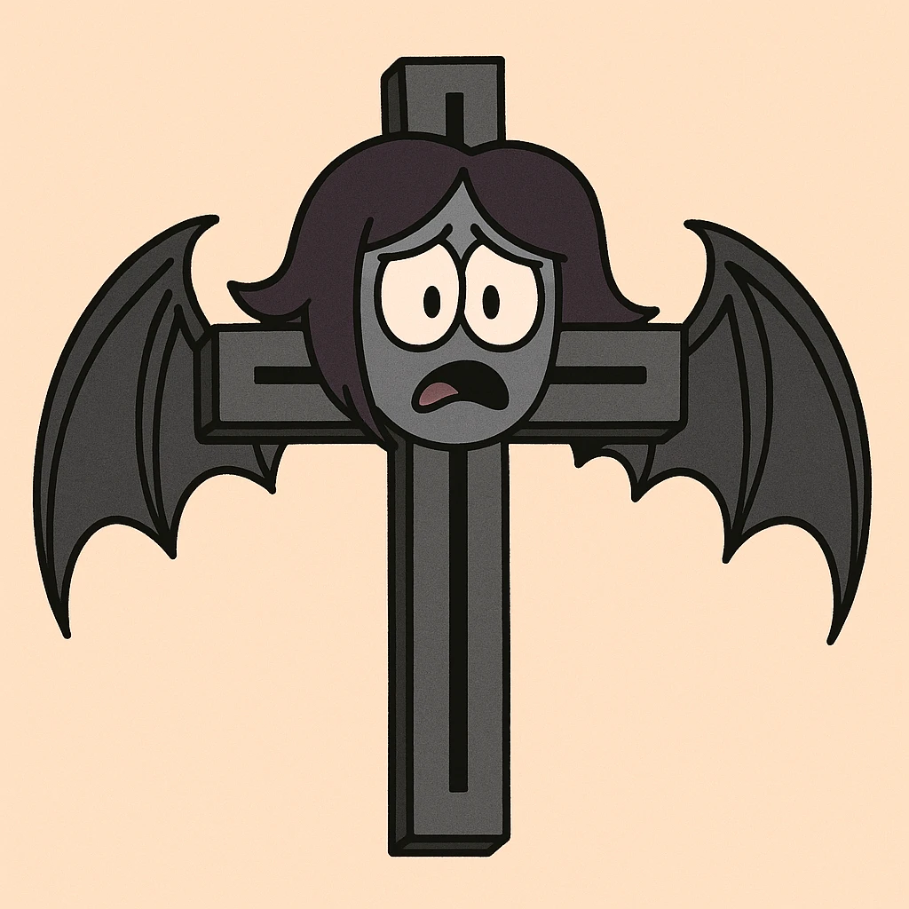 goth cross with bat wings, flat toon style emoji