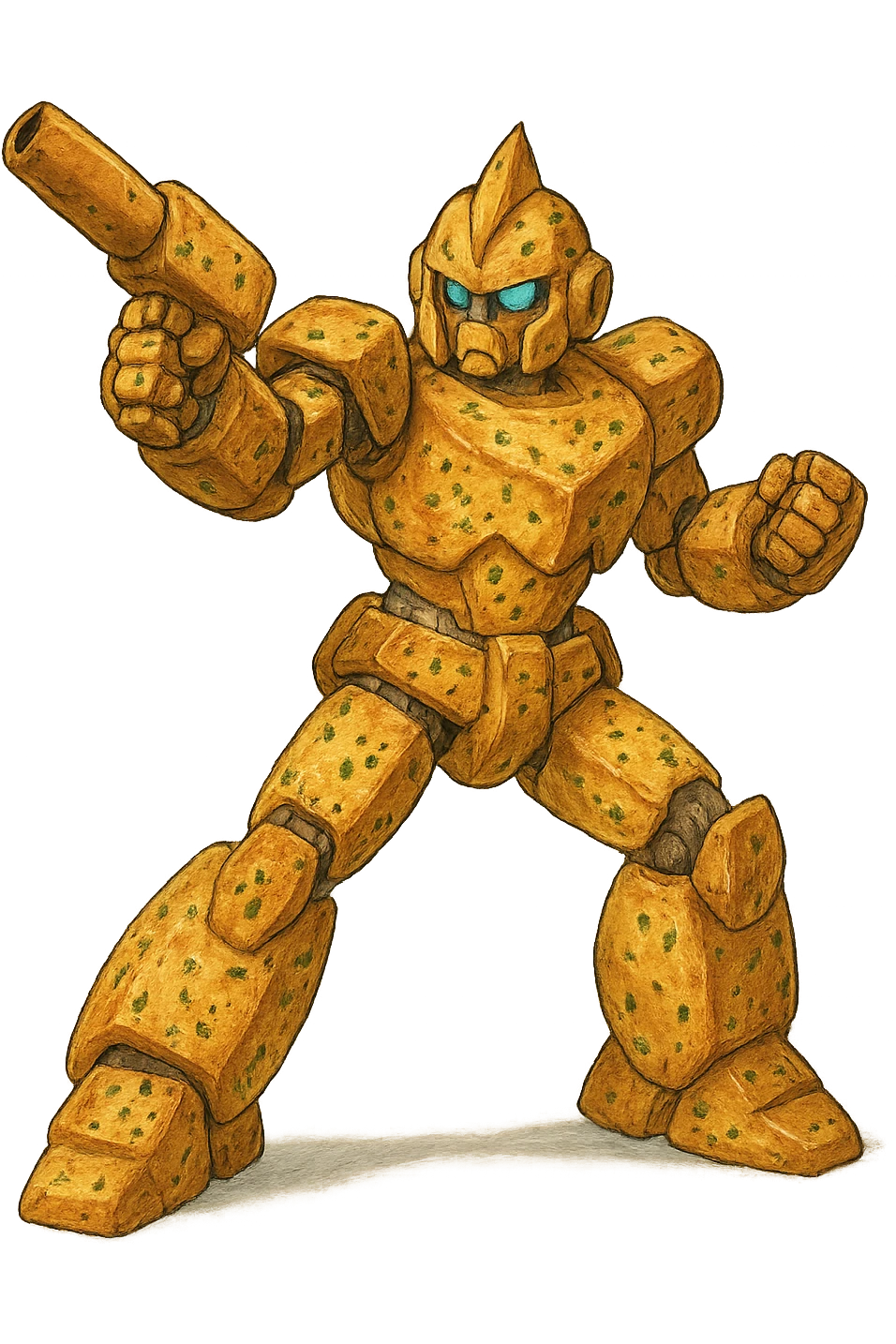 A transforming robot warrior with his blaster raised, action pose, except it’s garlic bread  emoji