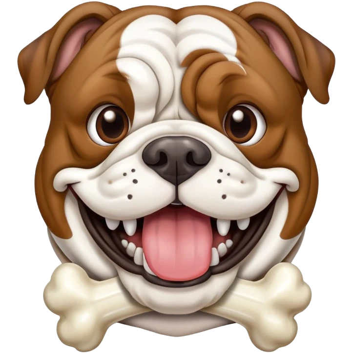 Brown brindle English bulldog with silly teeth and white stripe on face make him have a bone in his mouth emoji