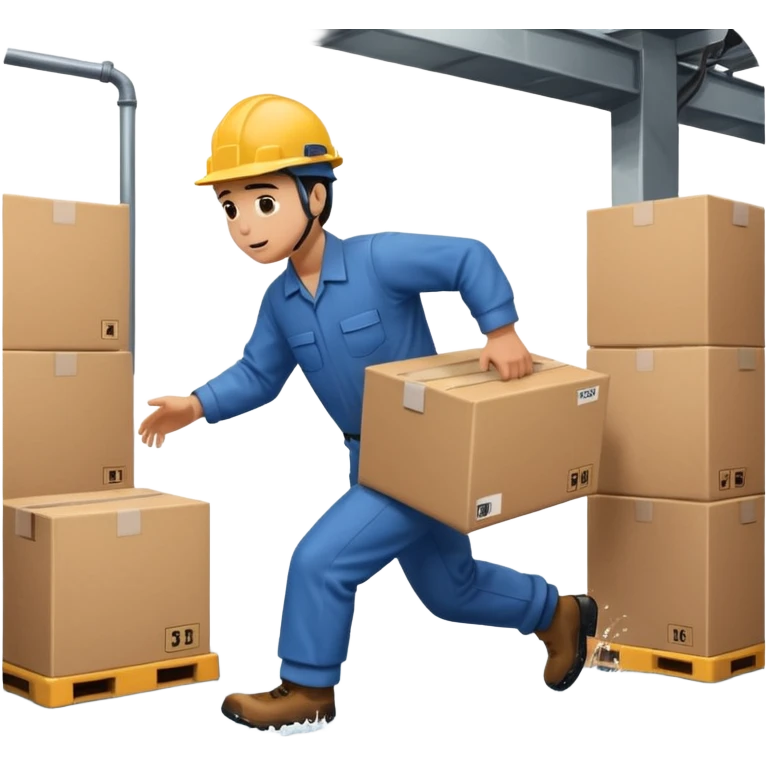 Animación educativa sobre un accidente laboral en un entorno industrial. Un trabajador de fábrica, con casco pero sin otros elementos de protección personal, resbala en un piso mojado y cae al suelo mientras transporta una caja. emoji