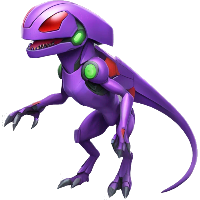 a shiny purple-green-red Genesect-Raptor-Fakémon—hybrid with a futuristic visor-helmet full body emoji