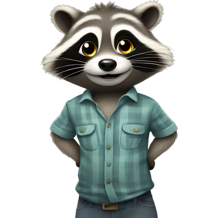 Happy Racoon in a shirt stands in full growth, stares up and thinks about difficult question emoji
