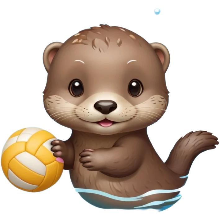 super cute baby otter with a tiny colorful flower on its head, gentle expression and soft rounded eyebrows, floating on clearly visible blue water with waves, baby otter with big sweet eyes holding a volleyball with both small paws above water emoji