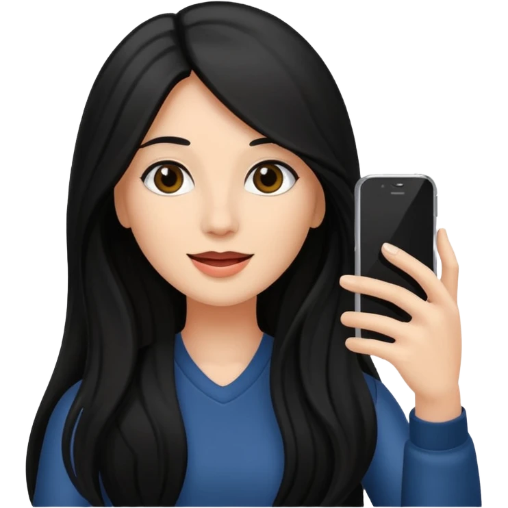 black long haired woman holding her phone having selfie emoji
