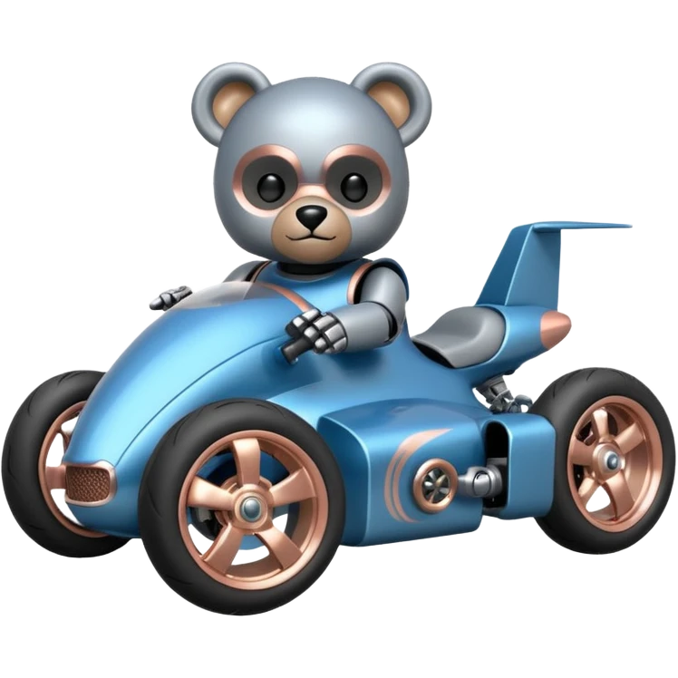  Metallic blue and rosegold-accented  kid-sized racing car for furry-faced grey bearded evil scary robot teddy bear with custom aero body and rear wing and motorcycle-sized wheels  emoji