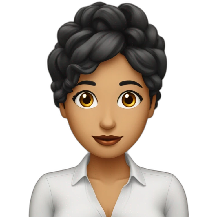 MUJER CABELLO NEGRO, TES MORENA OJOS ALMENDRADOS CAFES, CAMISA CUELLO ALTO NEGRO NARIS AGUILEÑA emoji