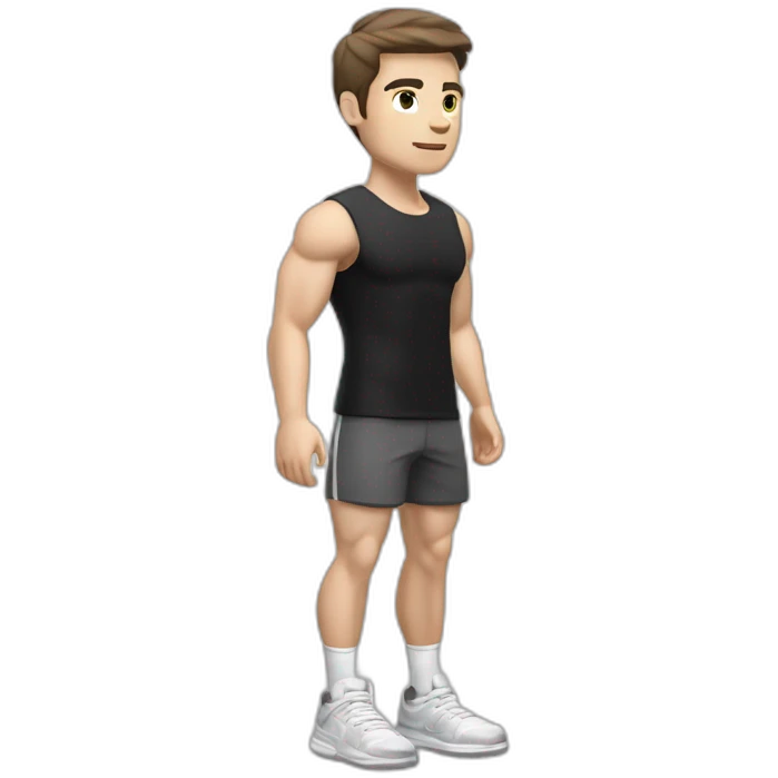 Pale skinned Fit Man With the biceps and dark brown hair in black shirt, gray sports shorts and white Sneakers Relies on the crossbar emoji
