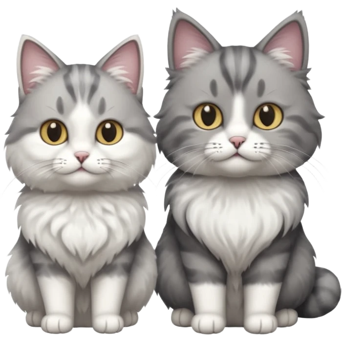 a realistic looking very fluffy grey and white cat sitting next to another cat emoji