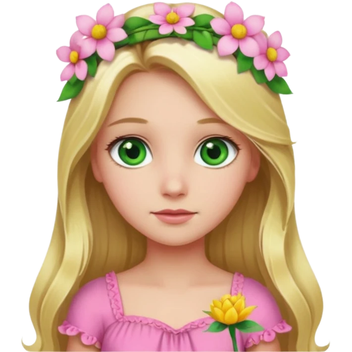 Girl profile picture with long blonde hair and green eyes and a flower in her hair. and a pink outfit emoji