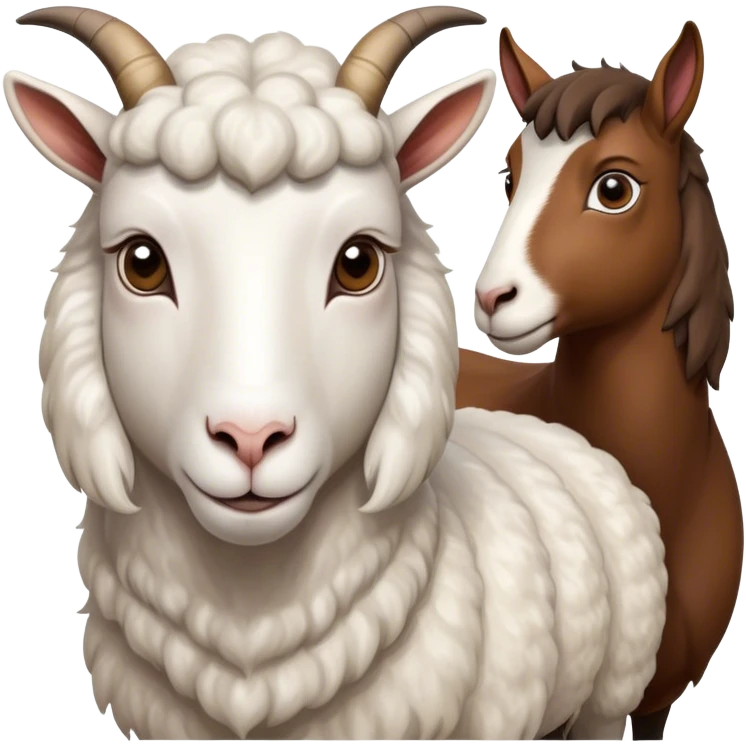 Portrait collage of domestic hooved animals: A calm goat with soft fur, a fluffy sheep with large eyes, and a noble horse with a shiny coat. Soft green meadow and distant hills in the background. Transparent background. emoji