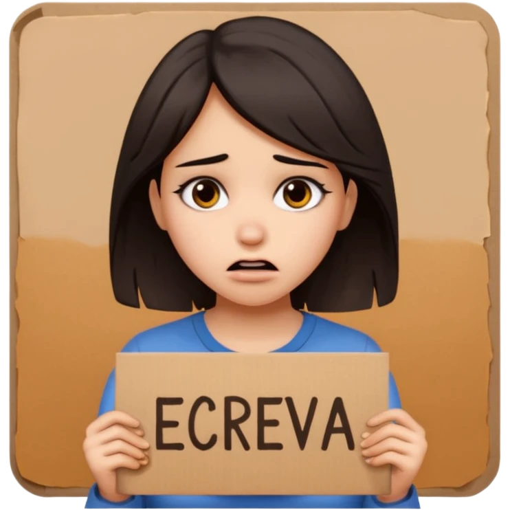 Sad realistic emoji of a young woman with messy hair, holding a cardboard sign that says "ESCREVA-SE", emotional begging expression, cinematic lighting, shallow depth of field, soft blurred background, high detail, viral social media style emoji