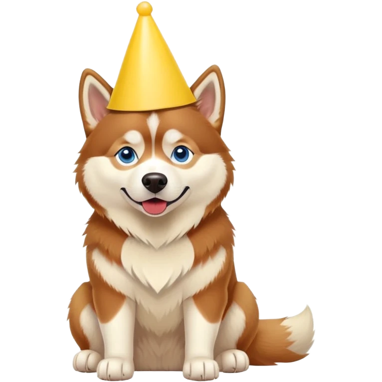 red siberian husky with blue eyes, sitting, wearing a yellow party hat emoji