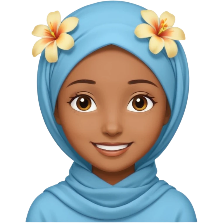 brown-skinned girl with a light blue hijab and a small tropical flower on her head, looking happy emoji