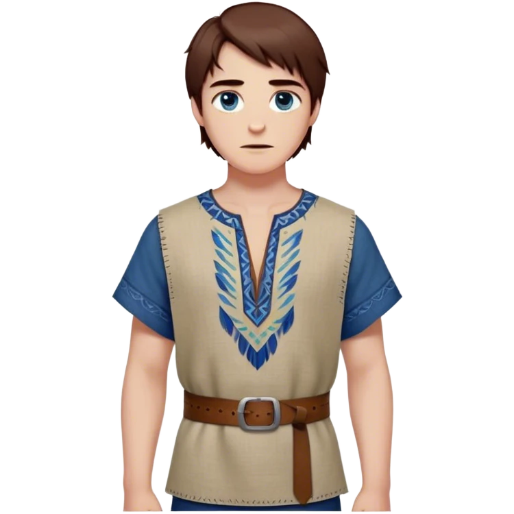 Medieval spring outfit worn by a DnD themed fantasy male character. Light olive linen tunic with hand-stitched geometric patterns at the neckline, secured with a leather cord belt. Clothes only above the waist, full waist coverage. The character has no arms. Character is white-skinned with mahogany brown hair, deep blue eyes, and short straight hair with feathered edges. emoji