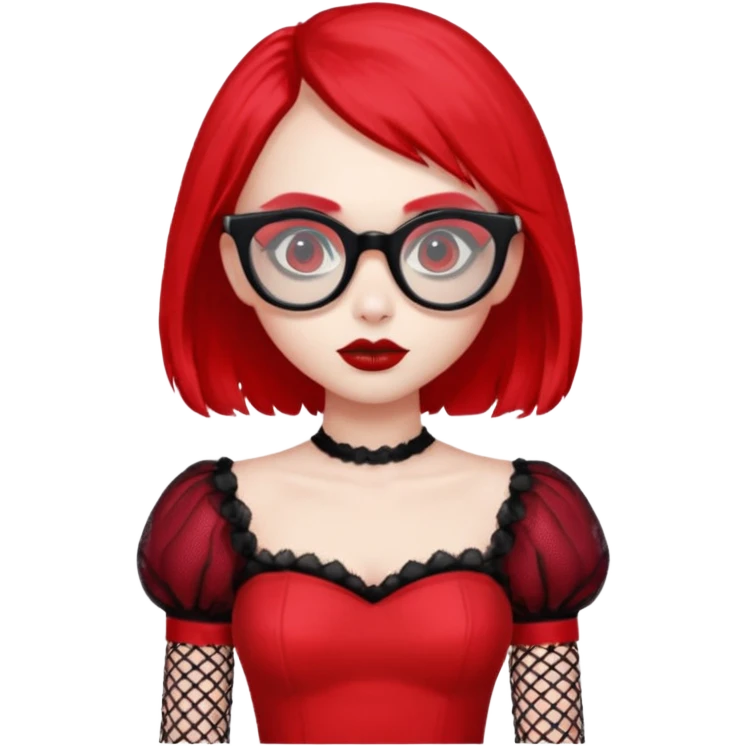 Ghoulia yelps monster high doll in scene/emo style cherry dress with fishnet sleeves, clothes, thin, small, red, rectangle glasses emoji
