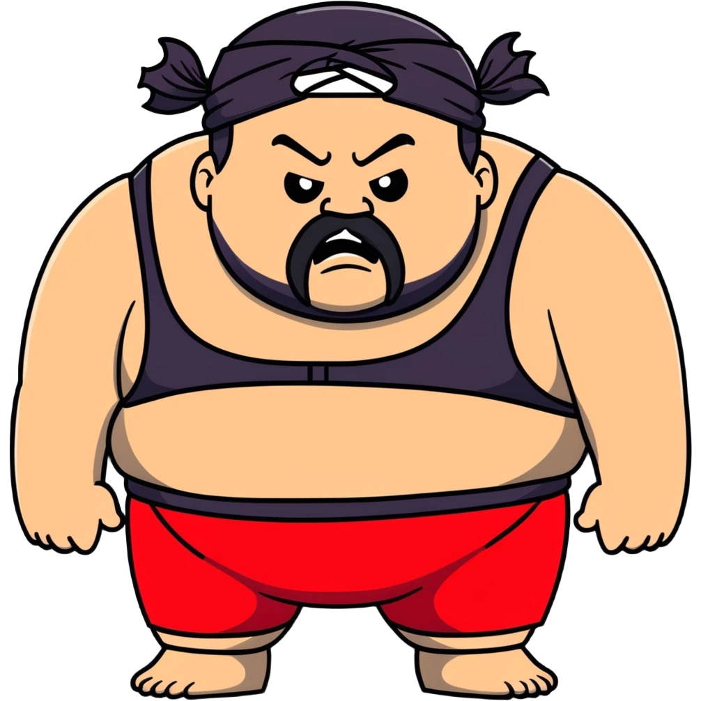 Close-up of morbidly obese white skin guy with young face, prominent BLACK DURAG tied clearly on head, distinct black beard and mustache, no muscle, black eyes in a red and black wrestling singlet with angry face emoji