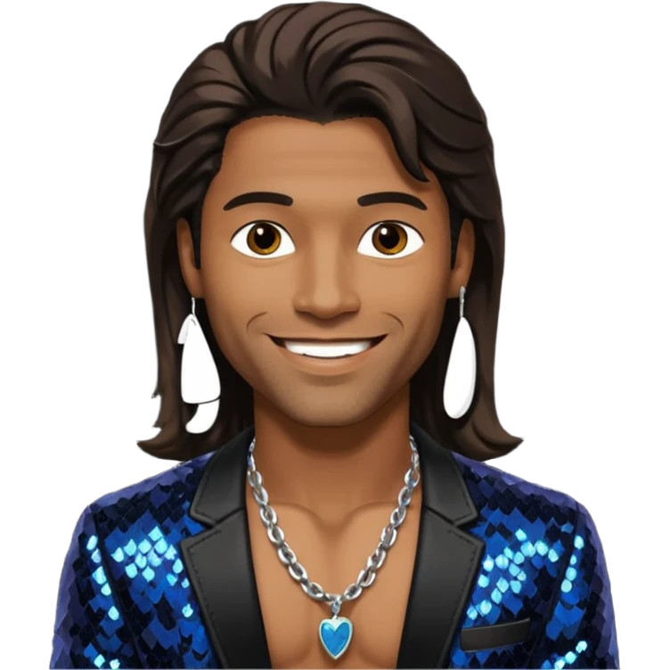 Eric Benét with long dark brown hair, black sequin jacket, shirtless with necklace emoji
