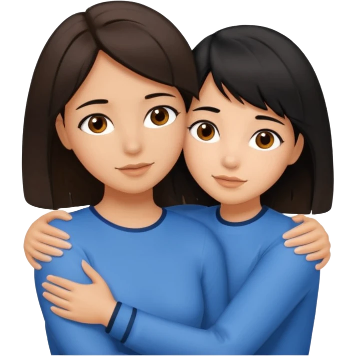 a brown-eyed brunette hugs a brown-eyed girl with a bob and black hair, and the strands are blue emoji