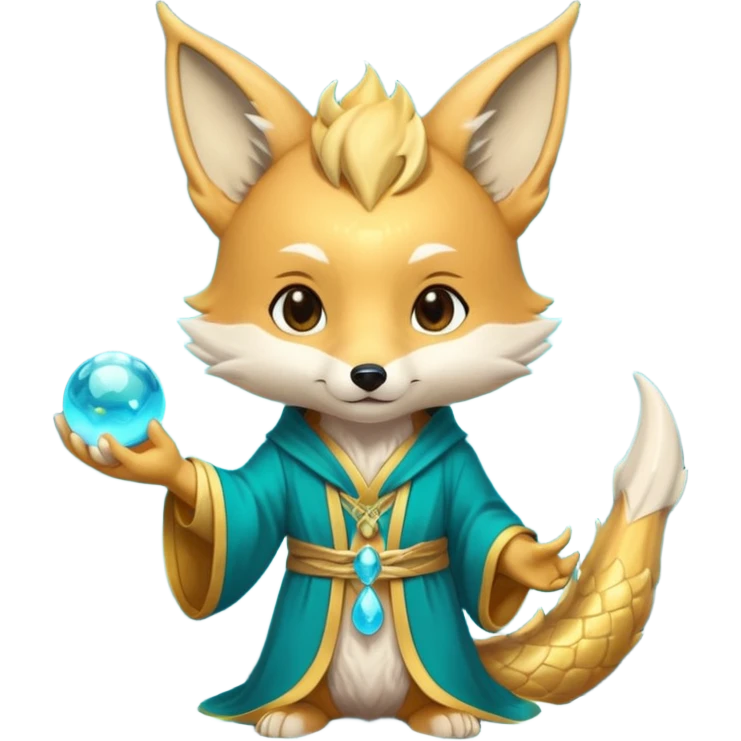 Chibi teal fox with gold mark on forehead, teal-gold robe, holding glowing blue water orbs, with a dragon tail on its backside with small antler horns on its head emoji