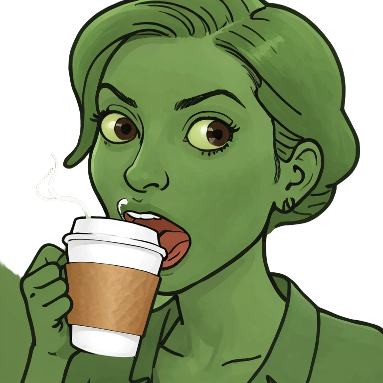 Brown haired woman chugging coffee emoji