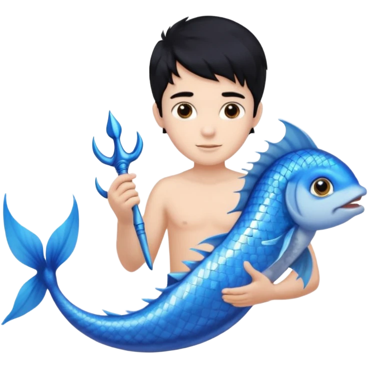boy, black hair, brown eyes, white skin, Triton, with Triton in hand, blue Triton tail and blue triton fish ears emoji