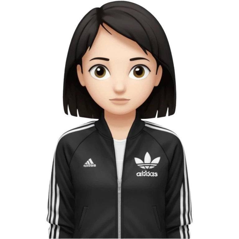 A girl with  medium length, dark hair, fair skin. The style is a soft, layered cut that falls around her shoulders. wore black Adidas track jacket with white stripes on the sleeves. It has a full zipper down the front, a stand-up collar, and the Adidas logo on the right chest emoji emoji