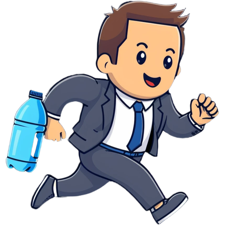 Businessman running a marathon in a suit with a water cooler emoji