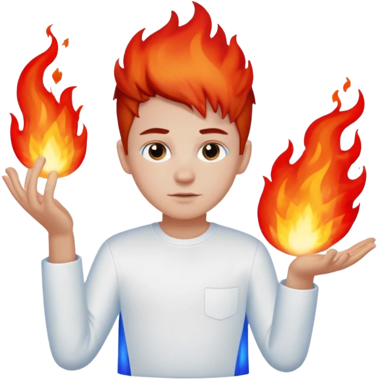 A boy with no hands fire instead made out of red fire and blue fire on a white shirt that the boy is wearing  emoji