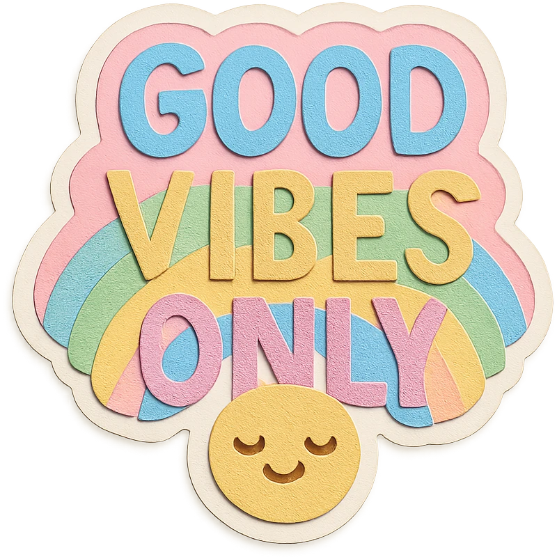 "Good Vibes Only" rainbow pastel hand-drawn text, kawaii sticker look, soft shadow, transparent background emoji