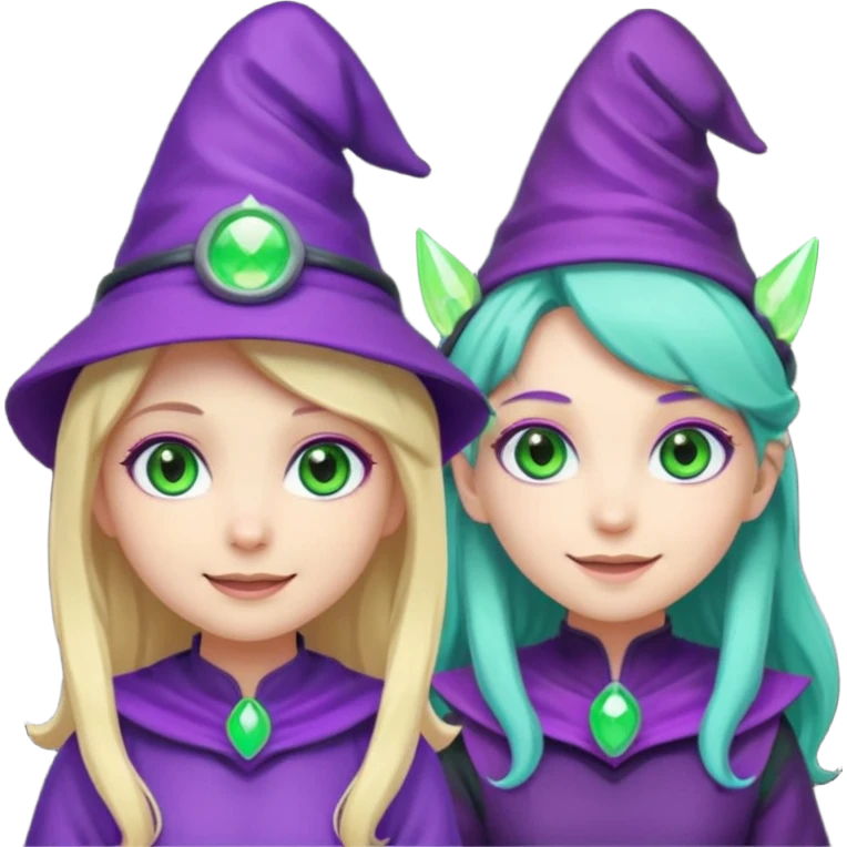 Make a blonde girl with green glowing headset on with teal eyes and a purple haired girl with green eyes waering a purple wit hes hat haveing fun , make them a chibi emoji page emoji