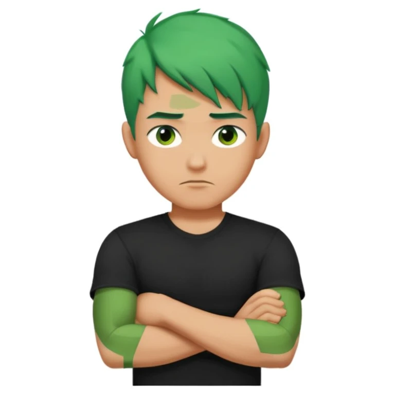 a man with his arms crossed over his chest, green hair, and serious eyes emoji