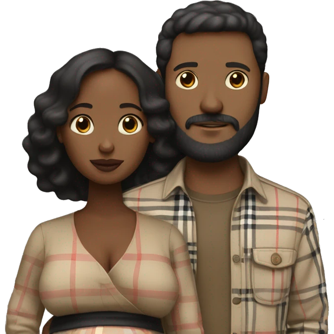 A man with beard wearing a burberry shirt with a pregnant black woman￼ emoji