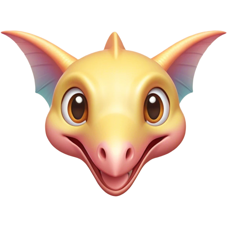 Cinematic Cute Pterodactyl Portrait Emoji, Head tilted playfully with a charming smile, featuring a diminutive, agile form with delicately curved wings and wide, sparkling eyes full of endearing wonder, Simplified yet irresistibly adorable features, highly detailed, glowing with a warm, inviting pastel glow, high shine, affectionate and lively, stylized with a touch of whimsical prehistoric charm, soft glowing outline, capturing the essence of a mischievous yet lovable Pterodactyl that seems as if it could flutter out of the screen into your arms! emoji
