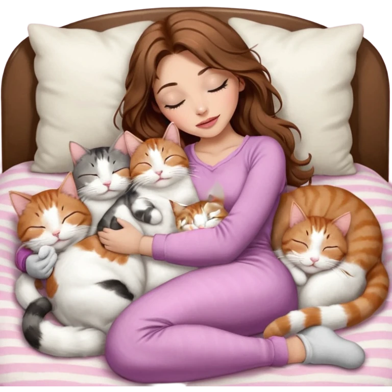 girl with long wavy brown hair, brown eyes, long lashes makeup, sexy pink lips, light to medium complexion,  sleeping on a cozy pillow, with 6 cats: 1 brown and white tabby cat, 1 ginger and white, 2 grey and white, 1 grey with white mittens and small white patch on chest and 1 calico, sleeping emoji