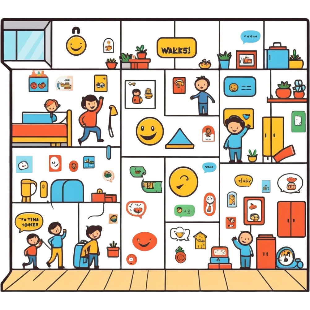wall of jokes, a cartoonish sticker style scene showing a wall covered with various humorous illustrations and jokes emoji
