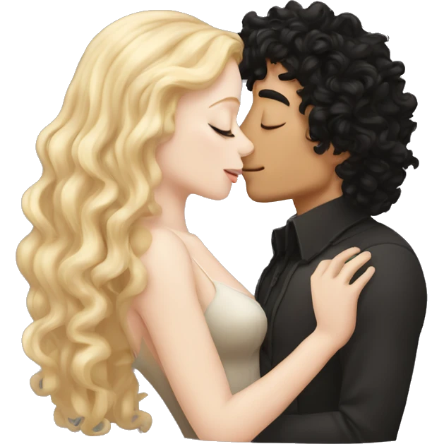 pale man with long blonde hair kissing a tan man with curly black hair emoji