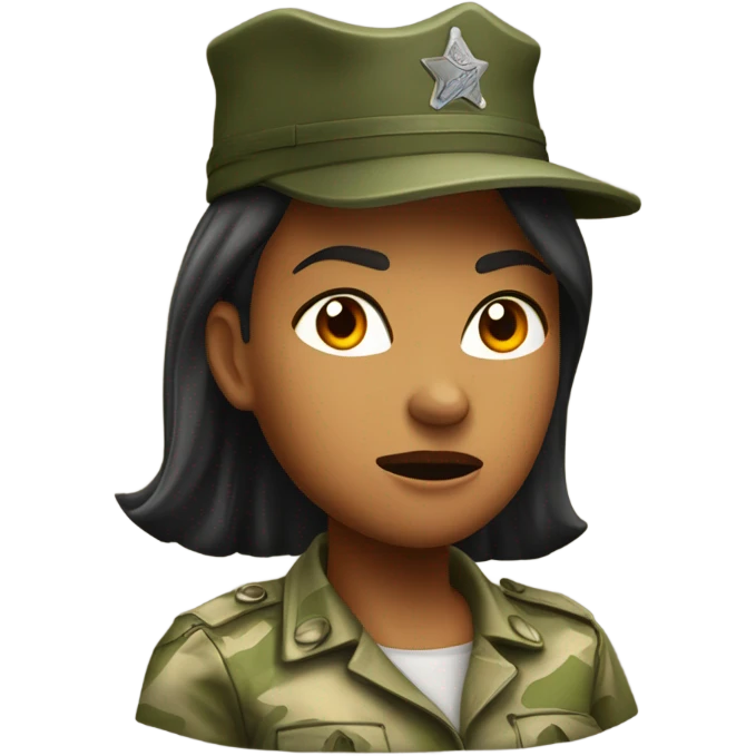 a female drill sergeant showing full torso wearing a classic sergeant hat and a camouflage army shirt. The character should have an angry intense expression.  emoji