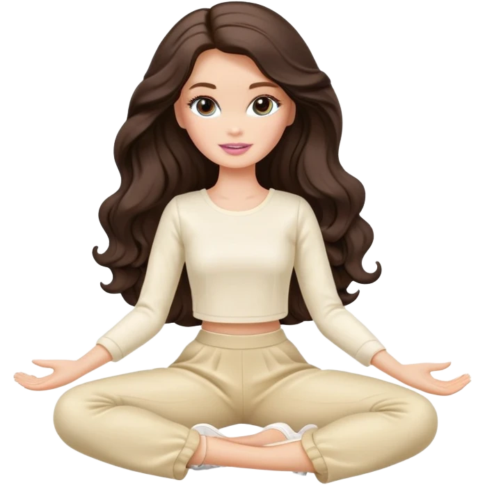 A white Barbie girl with long dark brown wave hair in a cream clothes Sitting on the splits emoji