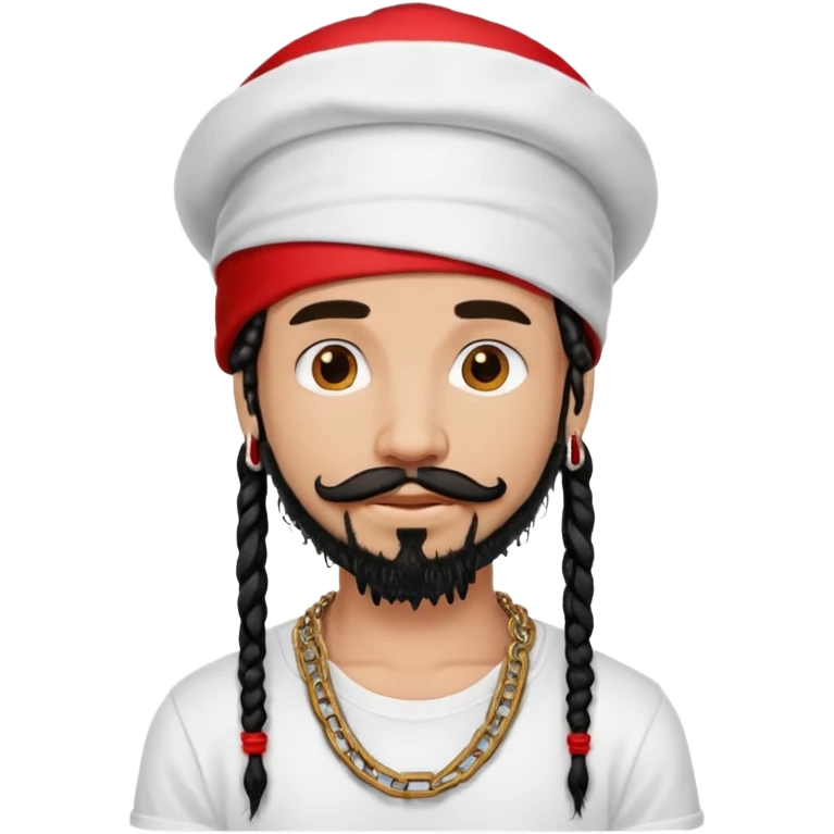a beautiful male with black dreads, moustache and goatee, white t-shirt, red hat, chain around neck emoji