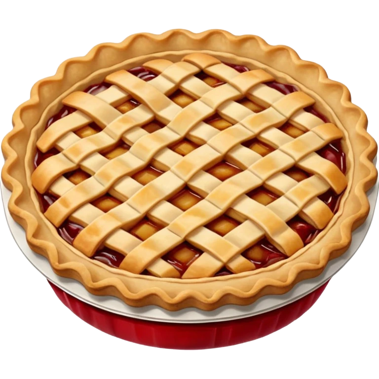 A highly detailed, photorealistic 3D render of a small, individual apple pie, with a golden-brown lattice crust. The filling is a rich, glistening red-amber, bubbling slightly.  emoji