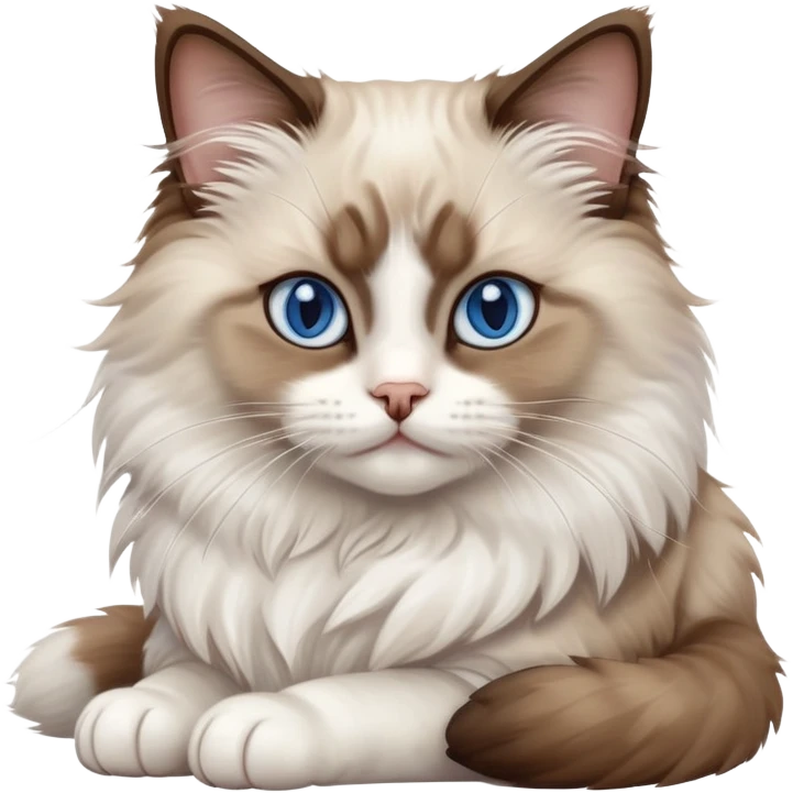 cinematic-[brown and white ragdoll cat]-realistic-full-body-sitting-emoji,-tail-curled-playfully-around-its-paws,-head-tilted-dramatically,-fluffy-[brown and white]-fur,-simplified-yet-realistic-focused-features,-highly-detailed,-glowing-with-an-almost-sarcastic-glow, with blue eyes emoji