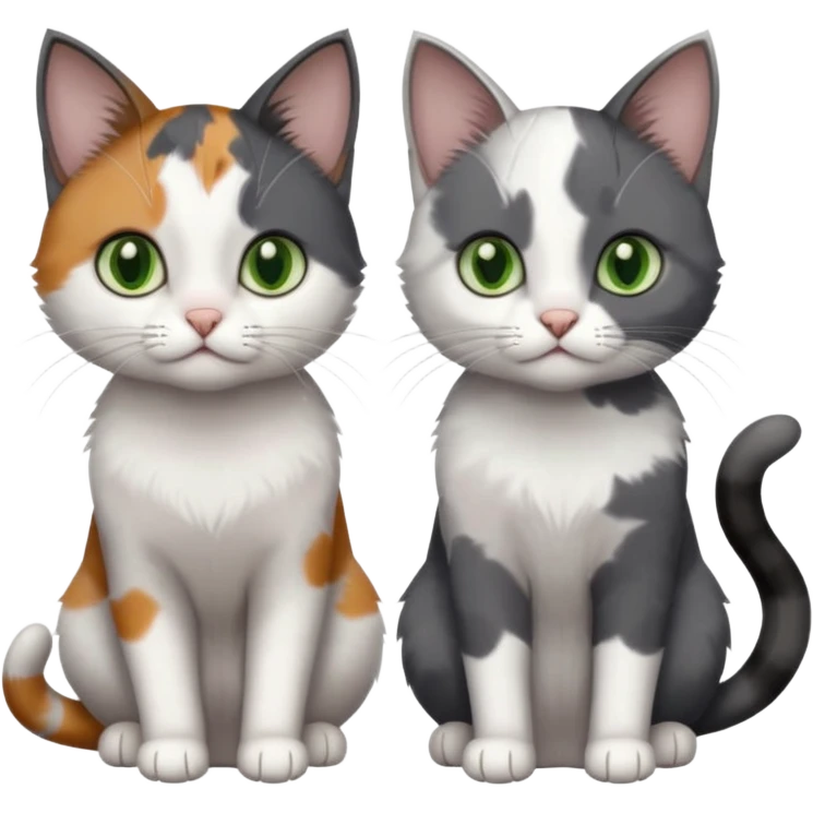 3 different coloured small cats including a dark grey and white, and a patchy calico with hazel eyes and a completely solid dark grey with green eyes and only white paws emoji