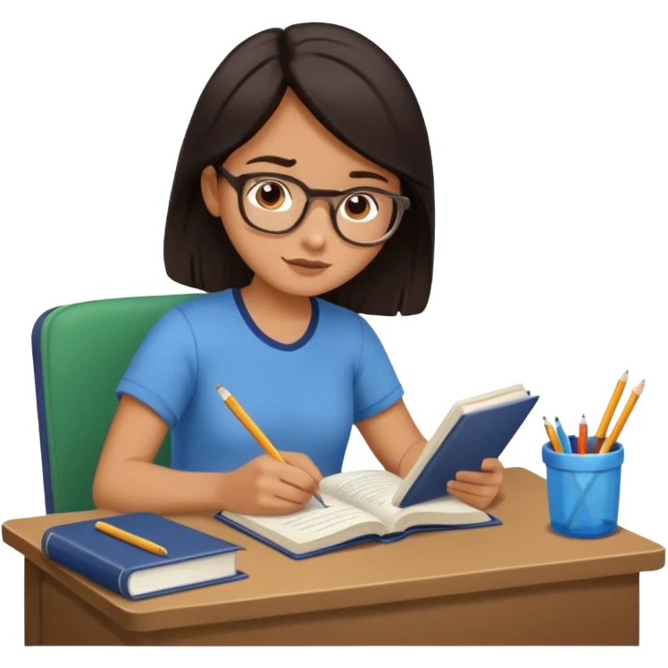 A student with dark hair is reading a book and taking notes in a notebook. There are also papers and textbooks on the table. emoji